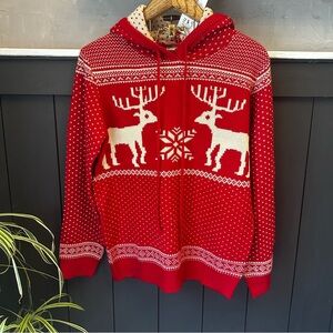 NEW Nordic Merry Christmas Hooded White Red‎ Reindeer Knit Sweater size XL
